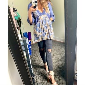 Free people Navy and Tan Floral Tunic